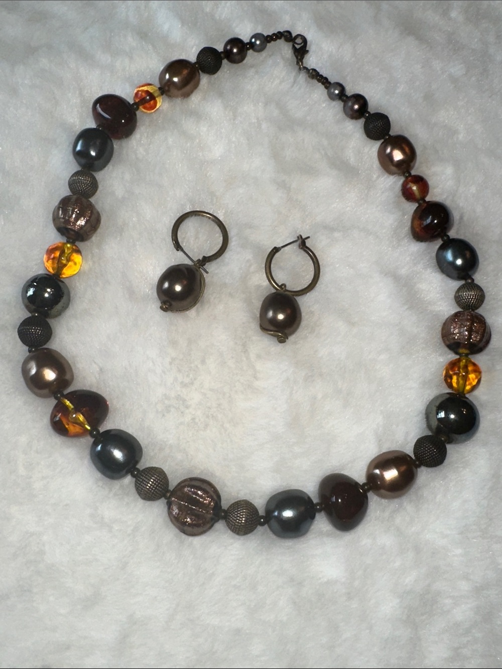 Elegant Brown & Amber Beaded Necklace with Matching Earrings